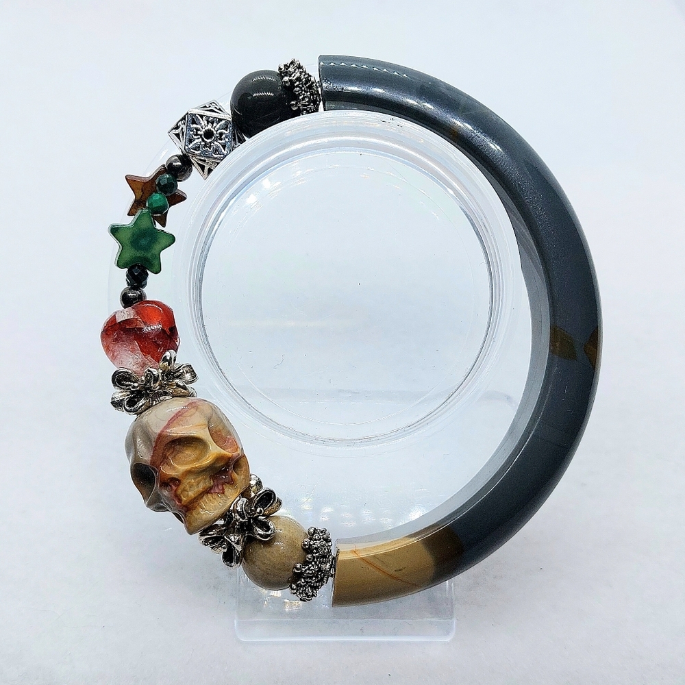 💀 Polychrone Jasper "Skull" ❤️ Fire Quartz Half Hard Bangle Bracelet